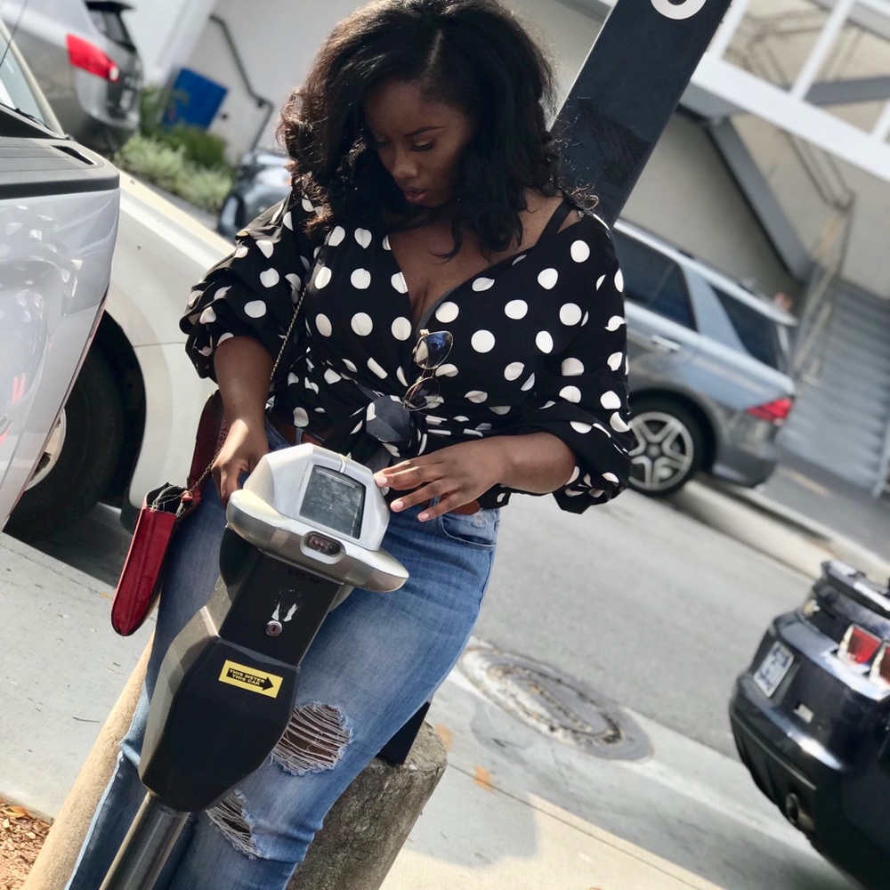 Wrap polka dot off the shoulder top